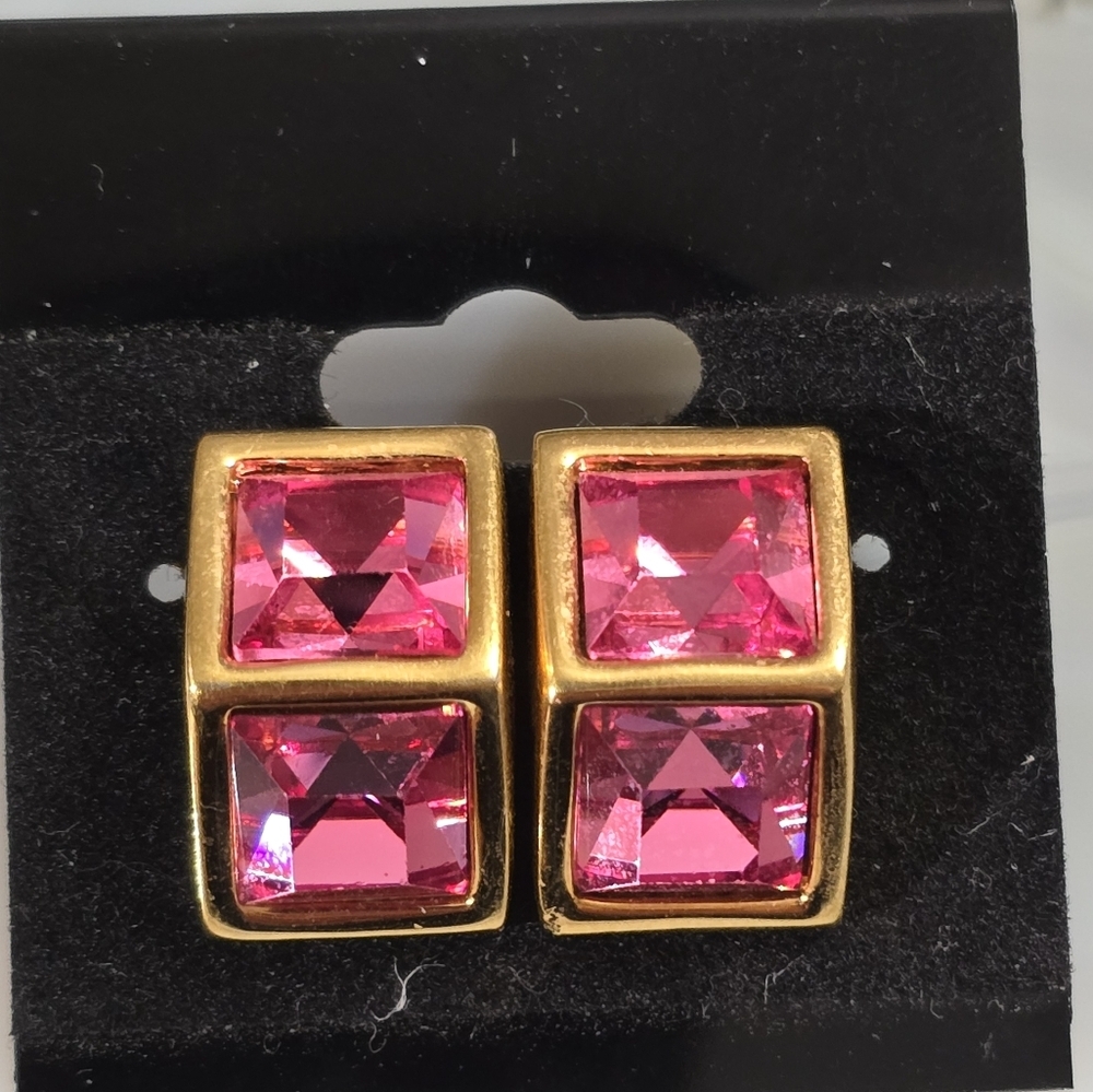 Vintage Swarovski Pink Double Emerald Cut Post Back Post Earrings